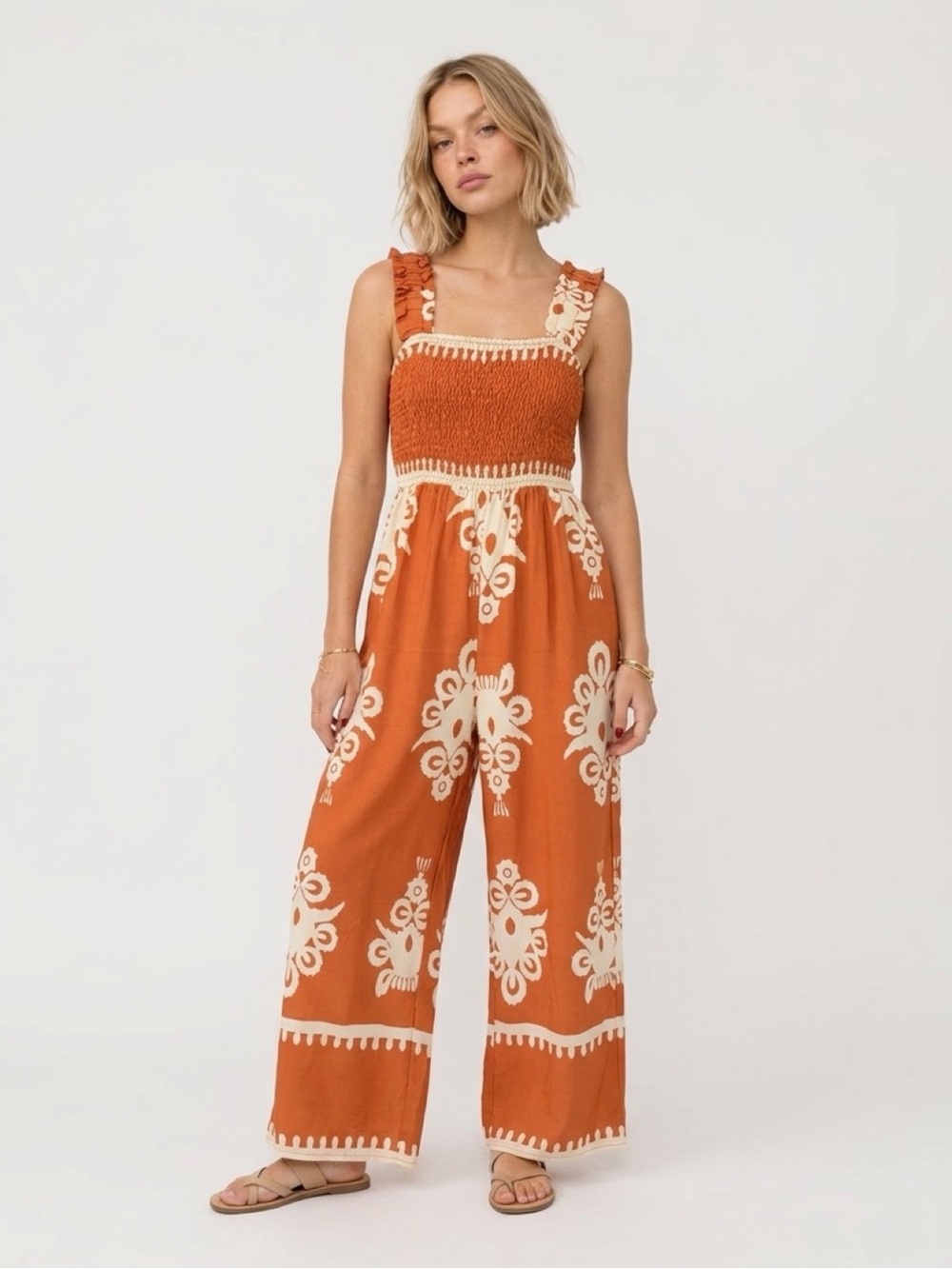 SHEIN Rust & Cream Smocked Bodice Wide-Leg Jumpsuit L 8/10